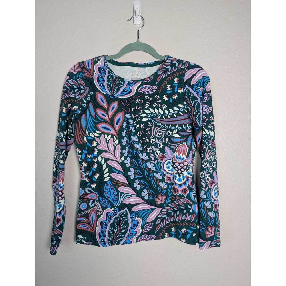 Talbots Shirt Womens XS Green Floral‎ Jersey Long Sleeve Cotton Stretch